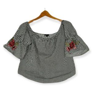 AMBIANCE Y2K STYLE STRIPE SEMI CROP BELL SLEEVE EMBROIDERED BOHO TOP SIZE LARGE